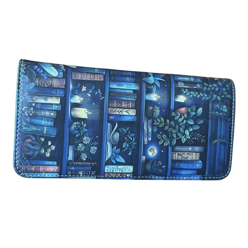Book Lover Bookshelf Floral Blue Clutch Wallet Organizer Snap Closure Library